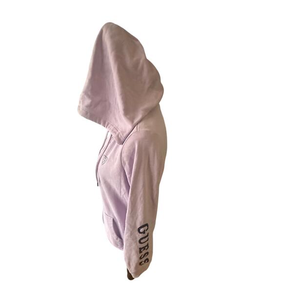 Guess Purple Full-Zip Hoodie – Sequin Logo Sleeve, Soft & Stylish - Picture 3 of 7